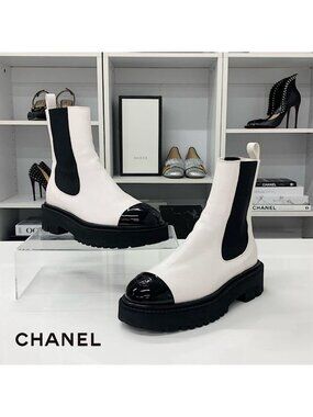 Chanel CC Logo Leather Patent Side Gore Short Boots White